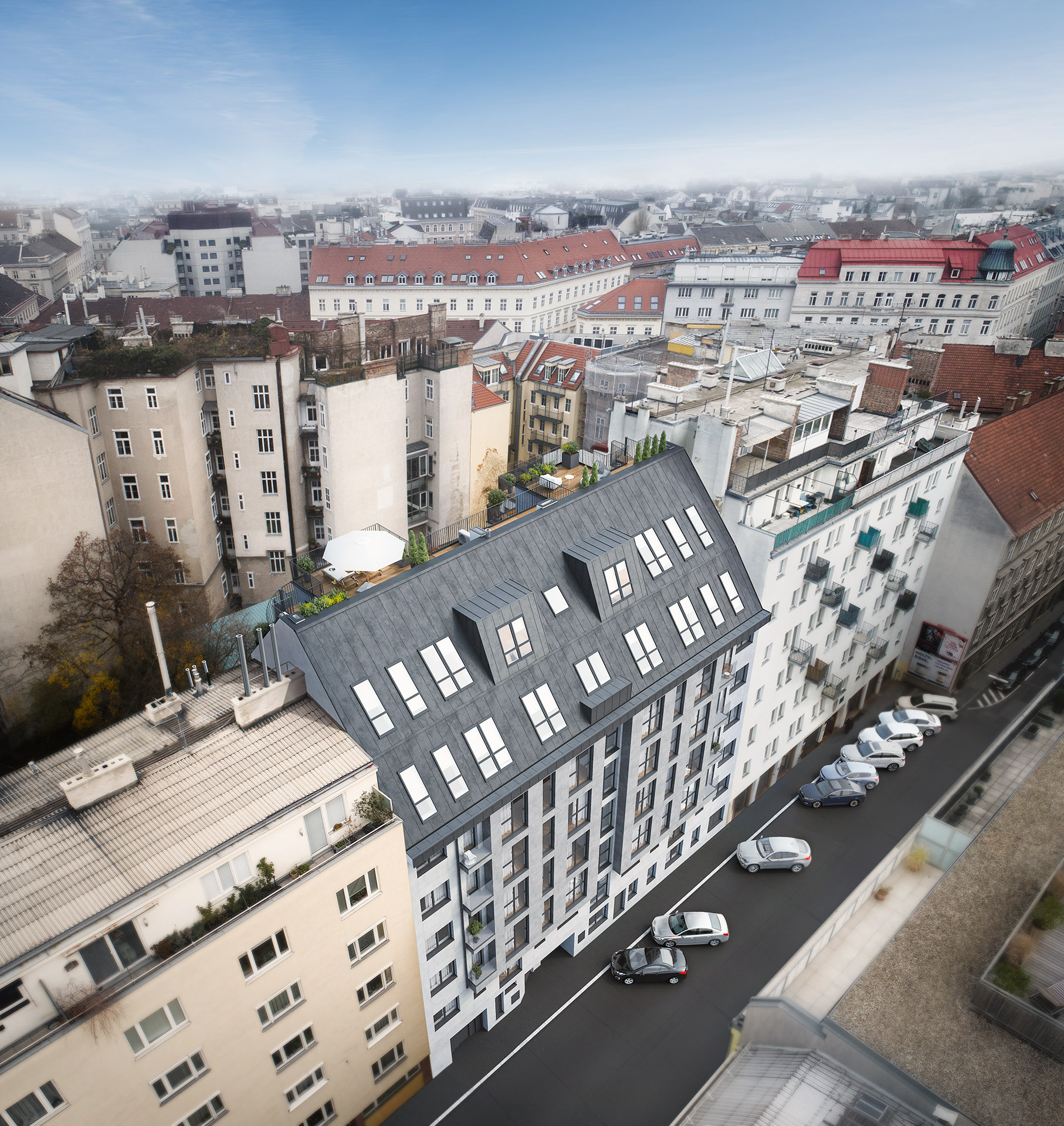 Visualisierung: Fleischmanngasse 6 in 1040 Wien aus der Vogelperspektive, Zinkdach mit Gaupen und Dachterrasse