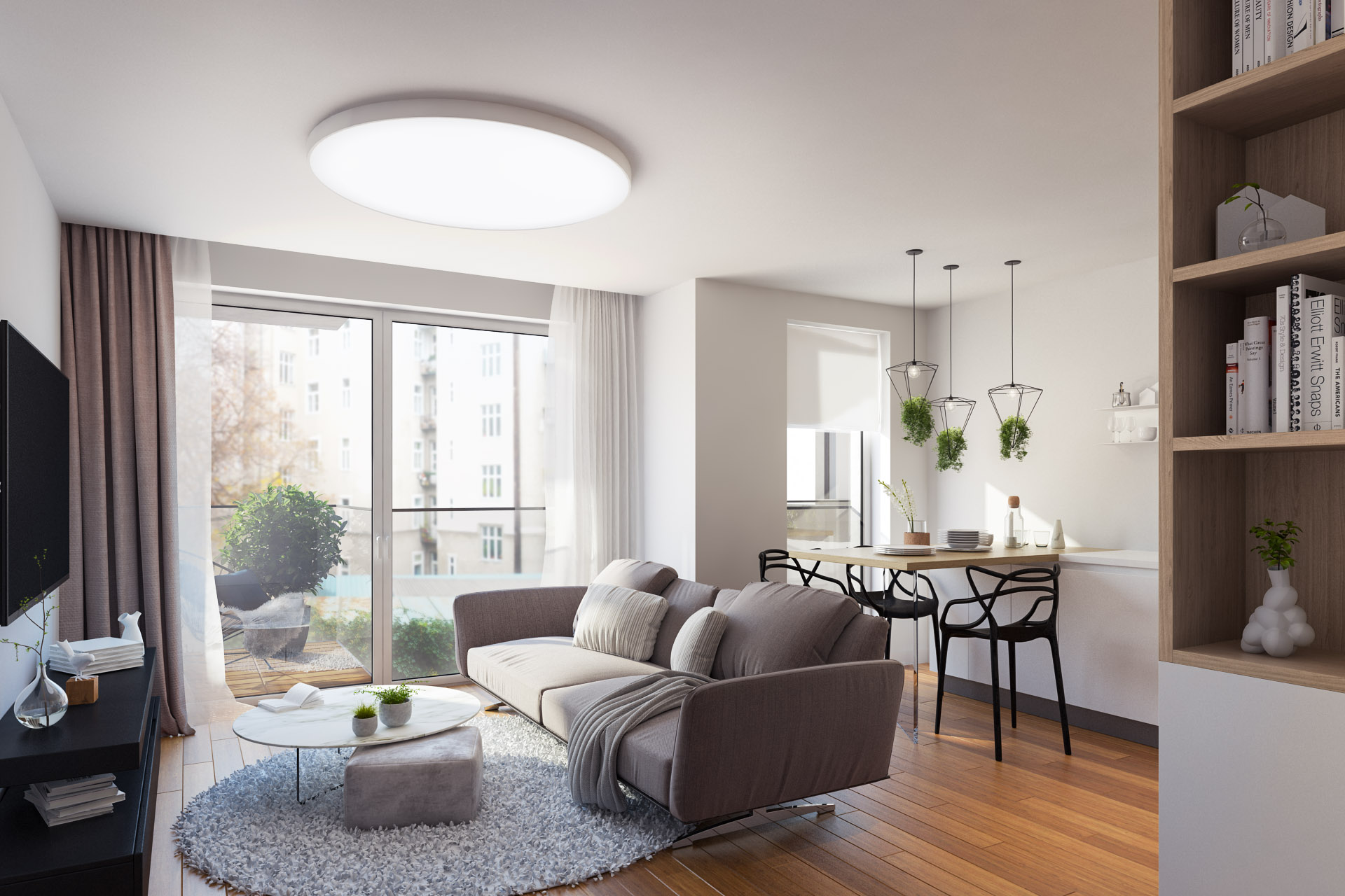 Visualisierung: Wohnraum mit Essplatz, Balkontür und offener Küche