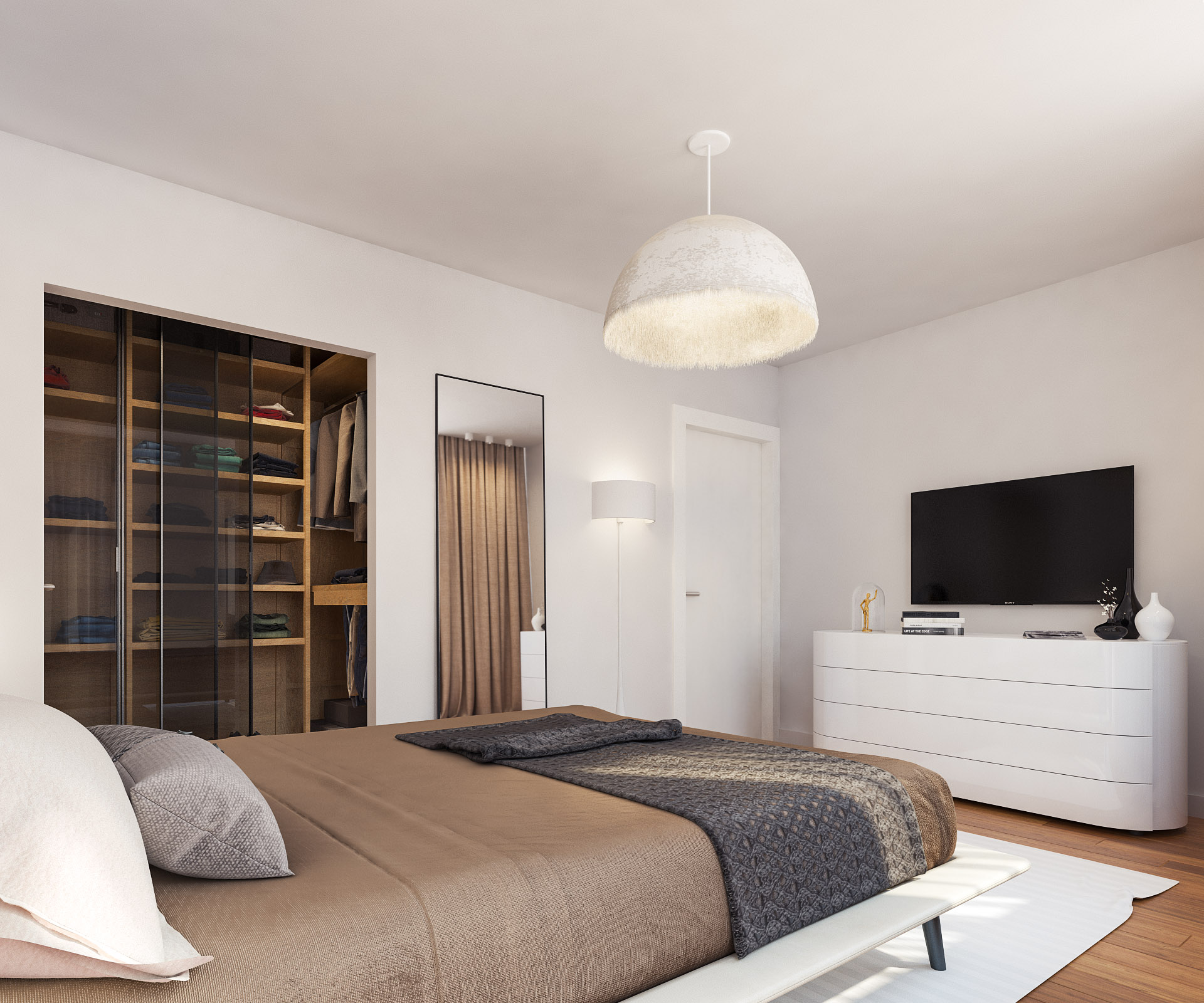 Visualisierung: Schlafzimmer mit Einbauschrank und Parkettboden