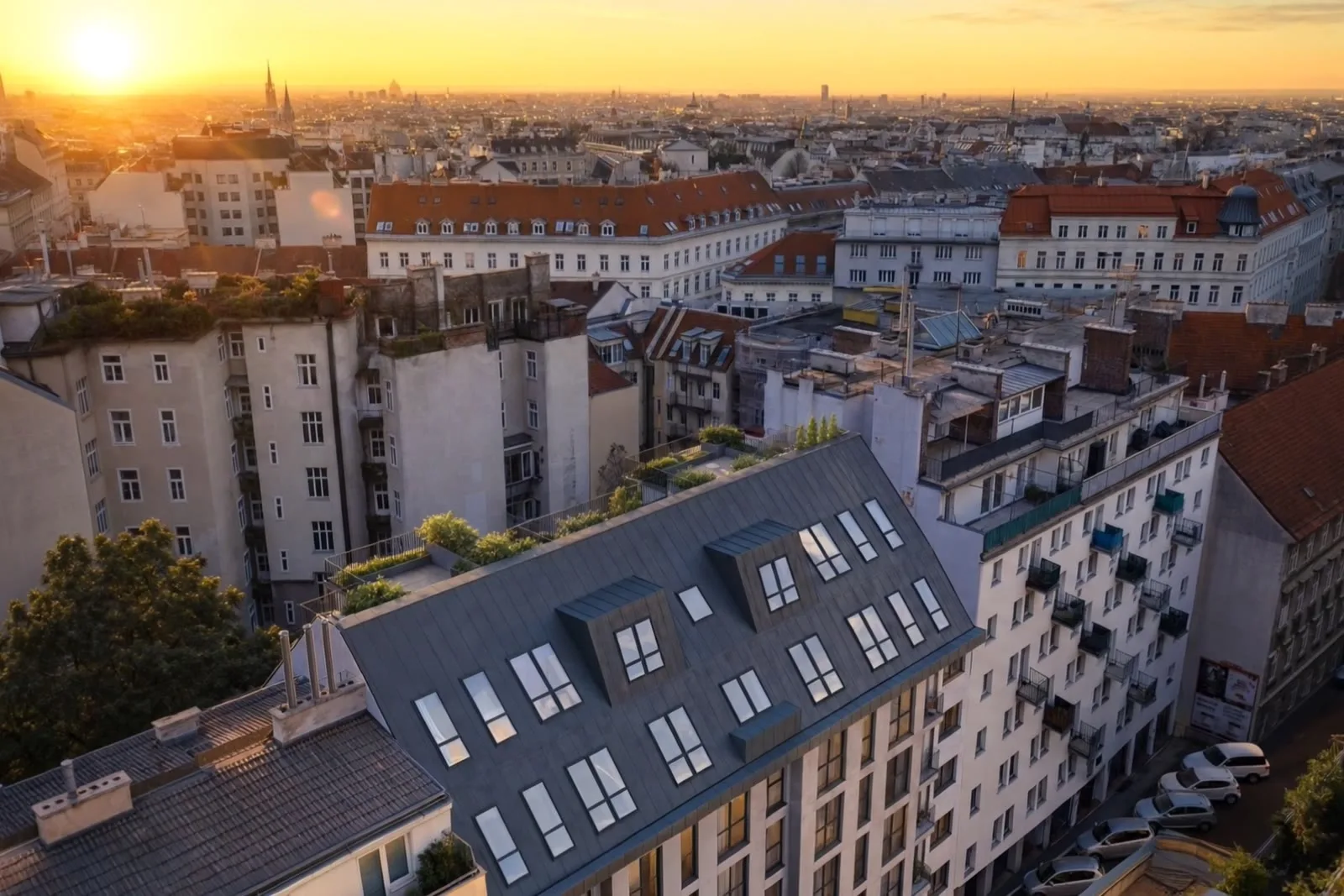 Visualisierung: Dachgeschoß mit Dachterrassen der Fleischmanngasse 6 im Abendlicht