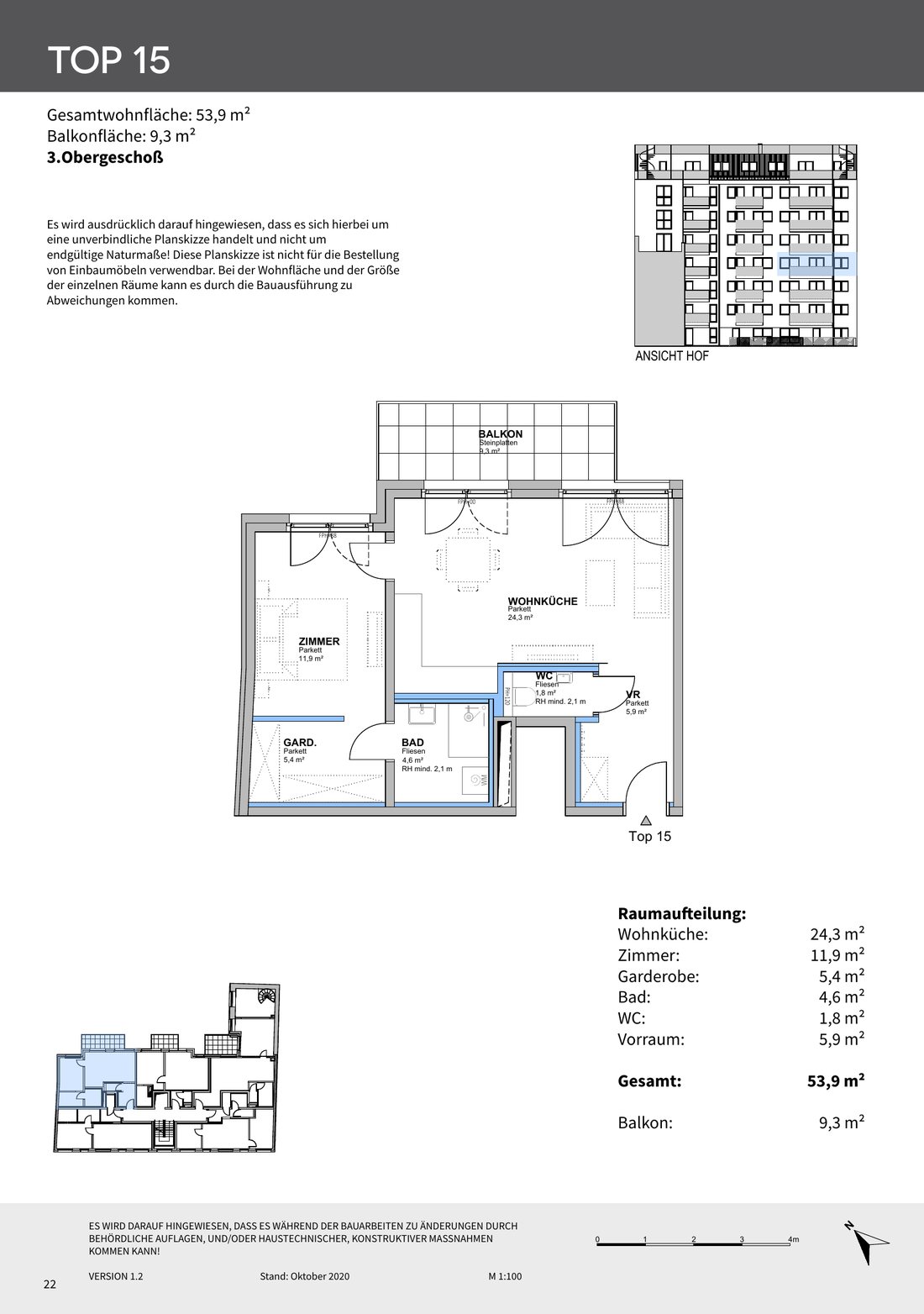 Grundriss Top 15: 2 Zimmer, 53,9 m², 3. OG, Fleischmanngasse 6