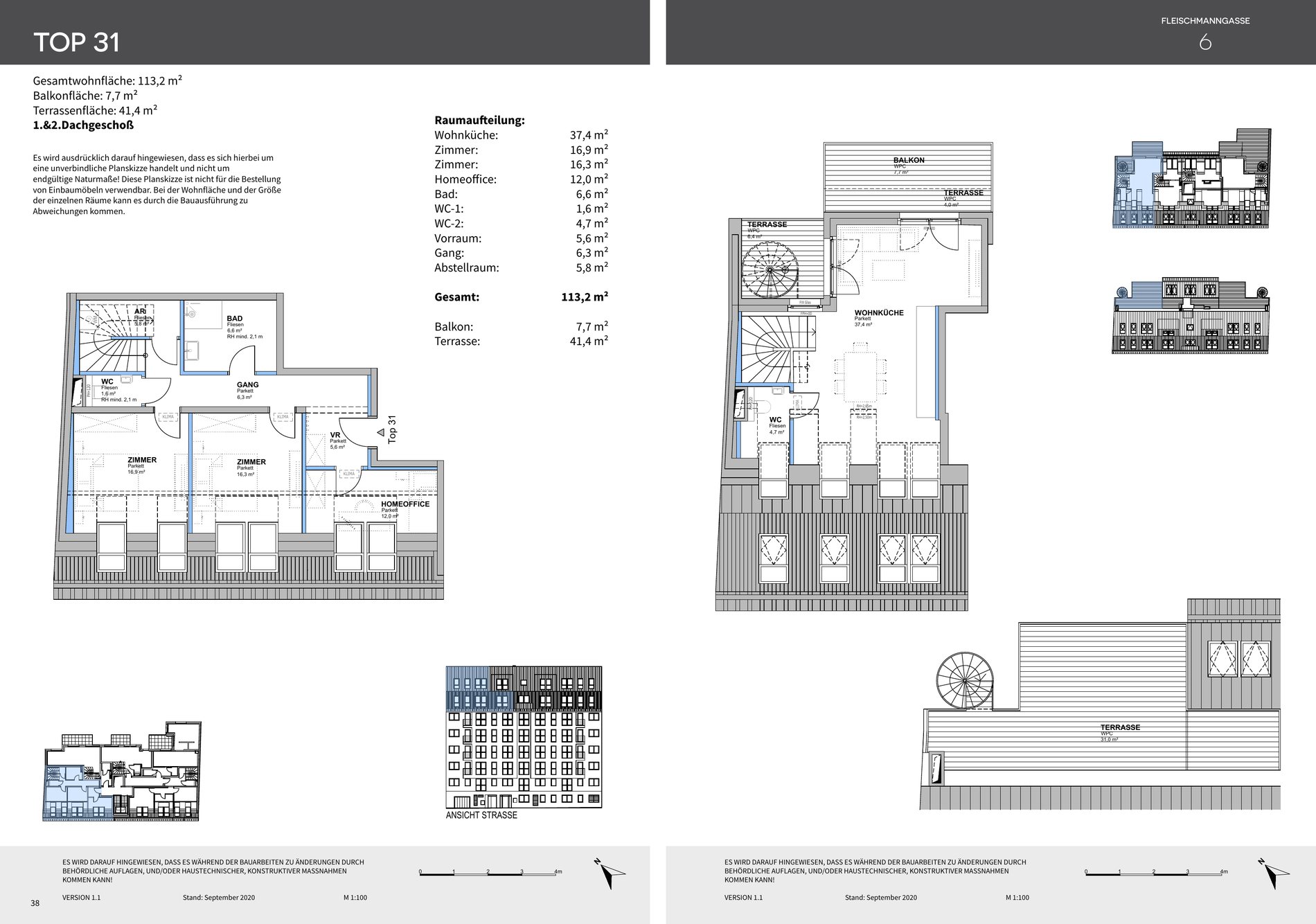 Grundriss Top 31: Dachgeschoß-Maisonette, 4 Zimmer, 113,2 m², Fleischmanngasse 6