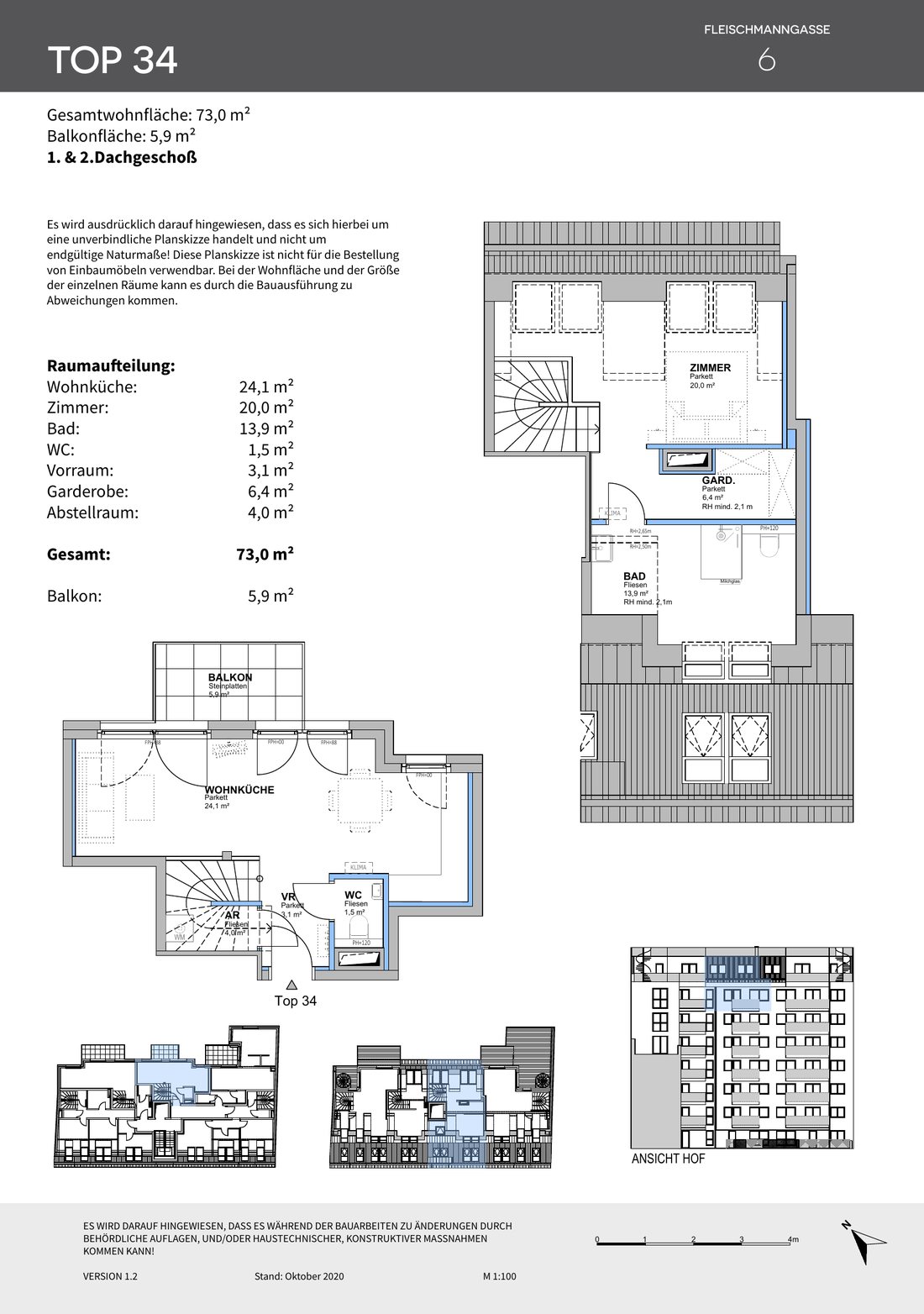 Grundriss Top 34: Dachgeschoß-Maisonette, 2 Zimmer, 73,0 m², Fleischmanngasse 6