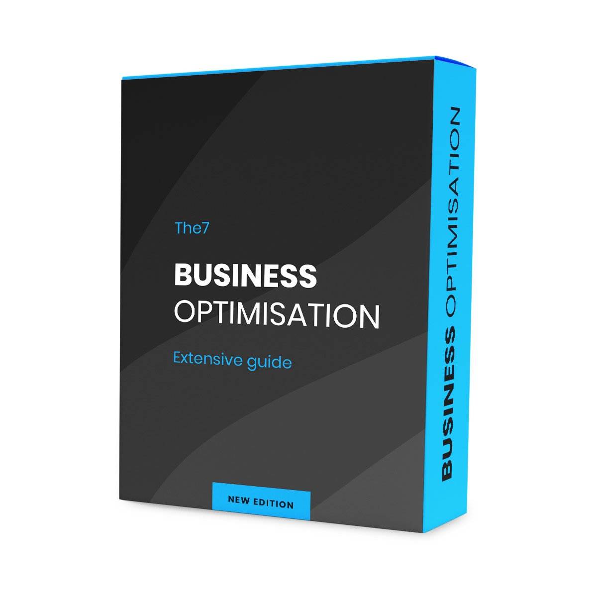 Ein 3D-gerendertes Bild des Buches mit dem Titel „The7 Business Optimisation: Extensive Guide“ mit modernem dunklem Design und blauen Akzenten. Auf dem Buchrücken steht „Business Optimisation“ und weist auf neue strategische Erkenntnisse hin. Es ist als neueste Ausgabe der Marke gekennzeichnet.