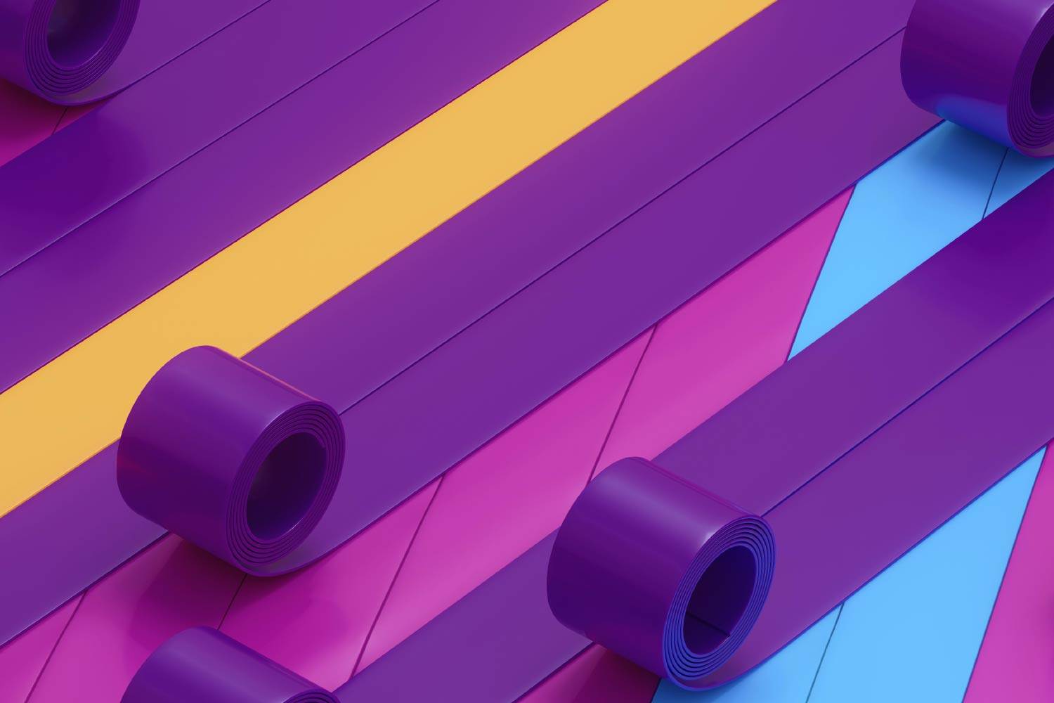 Rollen aus lila Klebeband werden in einem diagonalen Muster mit abwechselnd gelben, blauen und rosa Streifen auf einer Oberfläche angeordnet, wodurch ein farbenfrohes und abstraktes Design entsteht, das als Vermittlung zwischen lebendigen Farbtönen dient.