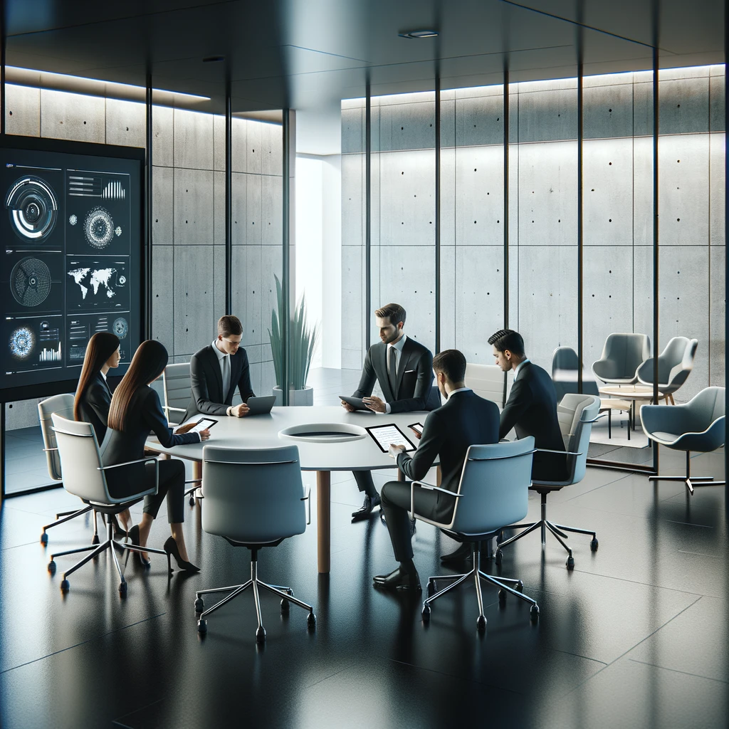 Eine Gruppe von Menschen in formeller Kleidung sitzt als Co-Moderator an einem modernen Konferenztisch in einem eleganten Büro. Sie arbeiten an Tablets, im Hintergrund zeigt ein großes digitales Display Daten und Diagramme. Der Raum verfügt über Glaswände und minimalistisches Dekor.
