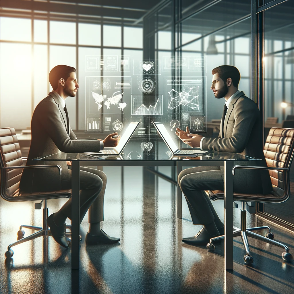 Zwei Männer in Anzügen sitzen sich in einem modernen Büro gegenüber und leiten gemeinsam eine Strategiesitzung. Jeder von ihnen hat einen Laptop dabei und diskutiert, umgeben von holografischen Diagrammen und Grafiken. Der Raum wird durch große Fenster in natürliches Licht getaucht.