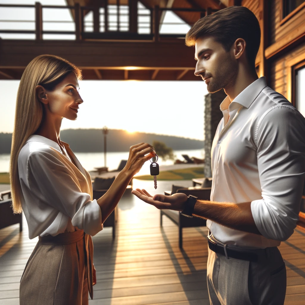 Eine Frau überreicht einem Mann auf einem Holzdeck einen Schlüssel und markiert damit den Beginn ihres gemeinsamen Gastgeberdaseins. Beide tragen weiße Hemden und stehen einander gegenüber, während sich der goldene Sonnenuntergang im See und den Bäumen im Hintergrund spiegelt.