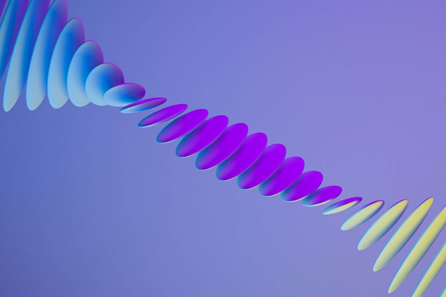 Abstraktes Bild mit einer Reihe ovaler Formen in Blau-, Violett- und Gelbtönen auf violettem Hintergrund, angeordnet in einem absteigenden Spiralmuster von oben links nach unten rechts. Ideal für alle, die sich für Kunstankauf oder -verkauf interessieren, um visuelle Räume aufzuwerten.