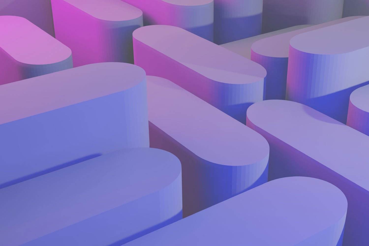 Abstraktes Bild aus abgerundeten 3D-Formen, die in einem Muster angeordnet sind, mit einem Farbverlauf aus violetten, rosa und blauen Farbtönen. Die Formen werfen weiche Schatten und erzeugen ein Gefühl von Tiefe und Dimension – fast so, als ob sie für einen künstlerischen Vermietungsraum kuratiert worden wären, der einen dynamischen visuellen Reiz sucht.