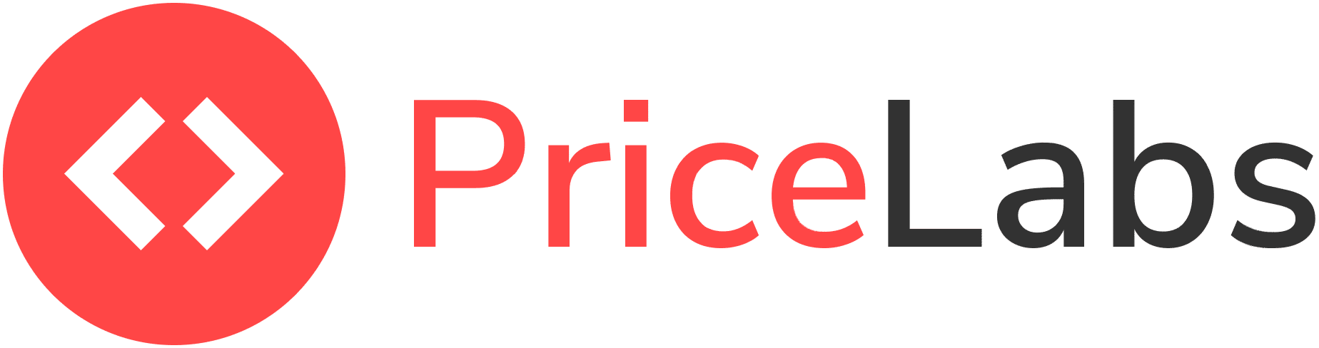 Das Logo von PriceLabs, einem innovativen Projekt der Vires Group, zeigt einen roten Kreis mit weißen spitzen Klammern darin, gefolgt vom Text „PriceLabs“ in einer eleganten Kombination aus Rot und Schwarz.
