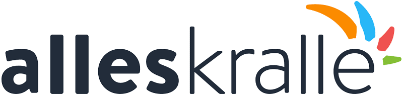 Das Logo von alleskralle, Teil der Vires Group, besteht aus fettem, dunkelblauem Schriftzug auf weißem Hintergrund. Der Buchstabe e hat bunte, geschwungene Linien in Orange, Blau, Rot und Grün, die von seiner oberen rechten Seite ausgehen.