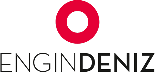 Das Logo besteht aus einem großen roten Kreis über dem Text ENGIN DENIZ in fetten schwarzen Buchstaben, der den dynamischen Geist der Vires Group verkörpert.