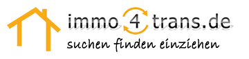 Logo von immo4trans.de der Vires Group, mit einem orangefarbenen Hausumriss auf der linken Seite und dem Websitenamen in schwarzer und orangefarbener Schrift. Darunter steht in kleinerer schwarzer Schrift: suchen finden einziehen.