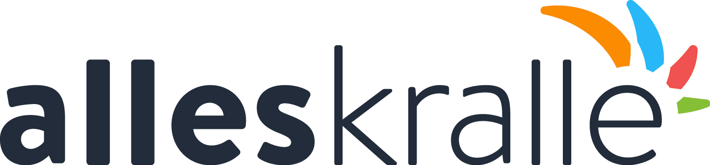 Logo von Alleskralle, Teil der Vires Group, mit dem Namen in fettem schwarzen Text. Kräftige, geschwungene Linien in Orange, Blau, Rot und Grün verlaufen elegant rechts neben dem Text.