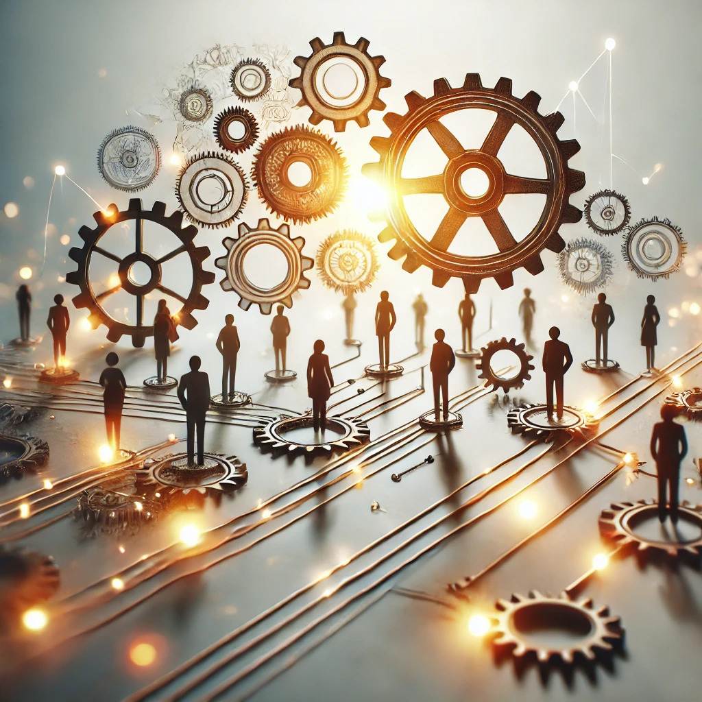 Ein surreales Bild, das Silhouetten von Menschen zeigt, die auf Zahnrädern stehen, die durch Linien und Lichter miteinander verbunden sind und Teamwork und Verbundenheit in einer mechanisch-organischen Landschaft symbolisieren. Helles Licht scheint durch die Zahnräder und schafft eine dynamische Atmosphäre.
