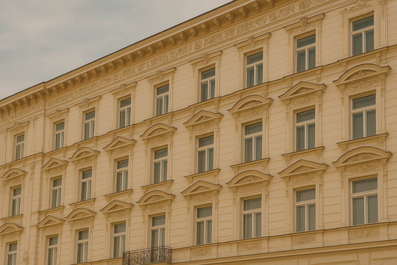 Ein sepiafarbenes Bild eines klassischen Zinshauses in Wien mit mehreren Stockwerken. Jede Etage verfügt über gleichmäßig angeordnete Fenster mit dekorativen dreieckigen Giebeln, die filigrane architektonische Details zeigen. Der Himmel darüber ist leicht bewölkt.