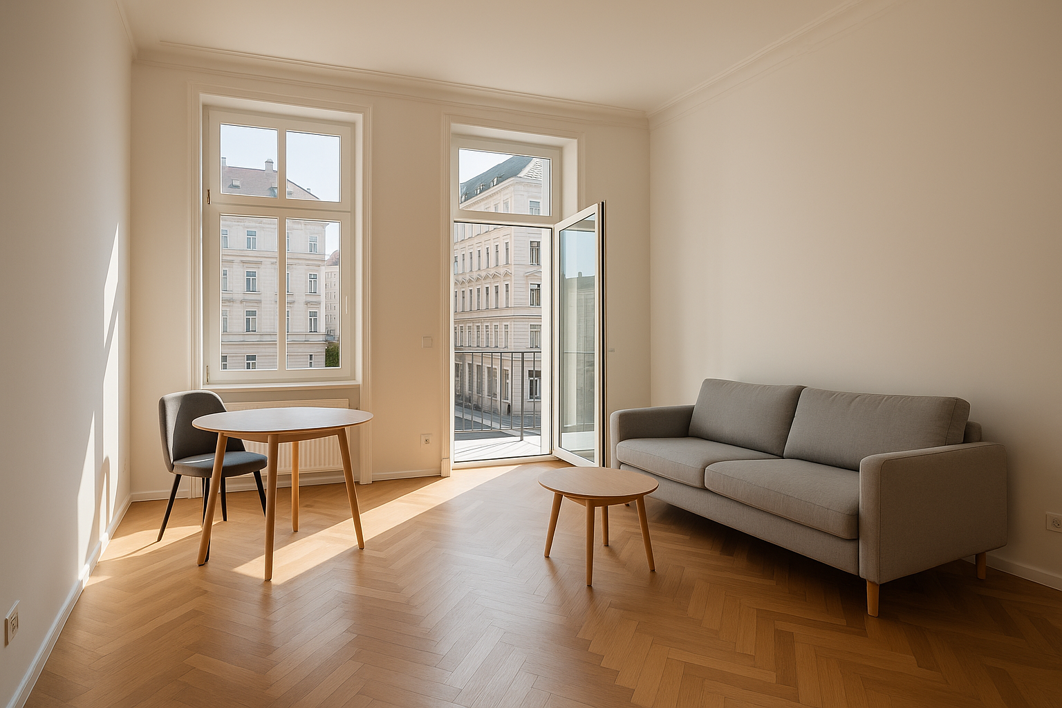 Helles Wohnzimmer mit einem grauen Sofa, einem Tisch und einem Stuhl, große Fenster mit Blick nach draußen.