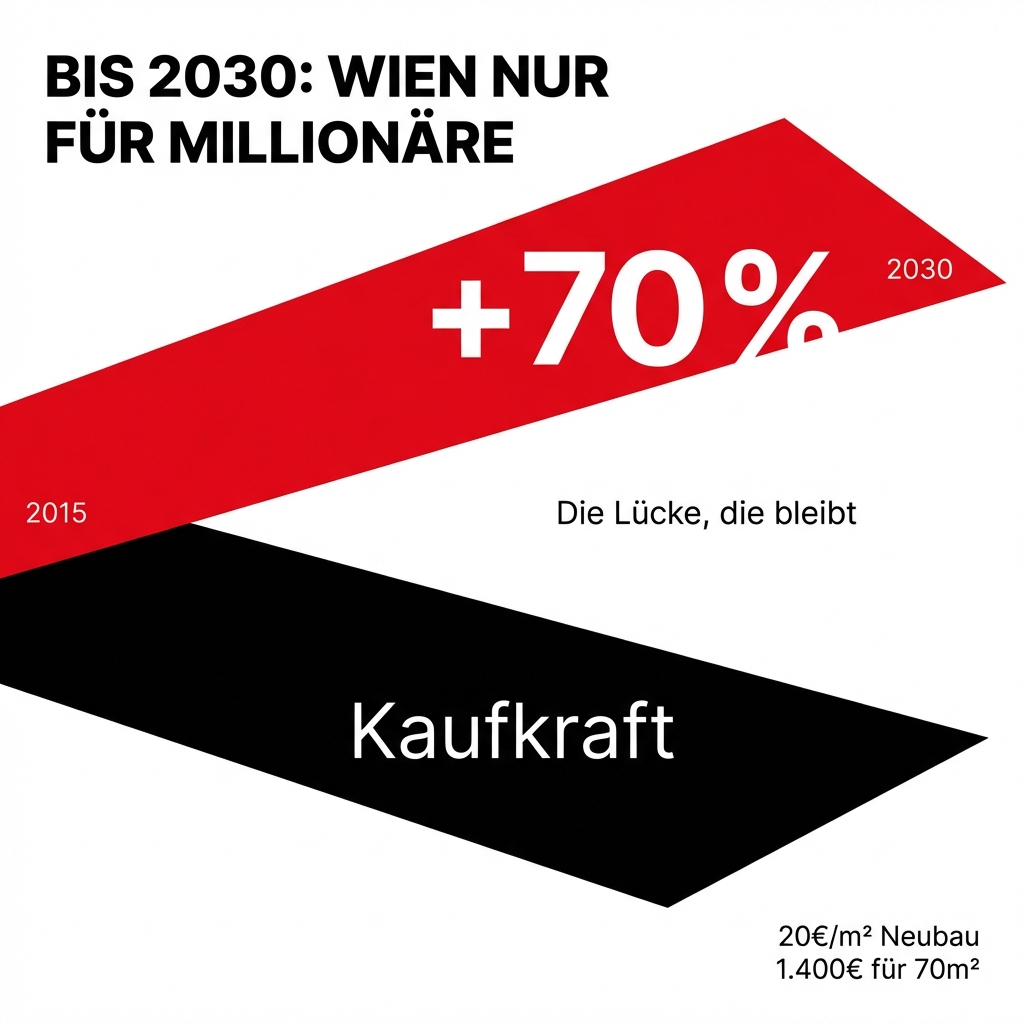 Grafik mit den Worten 'Bis 2030: Wien nur für Millionäre', zeigt einen Anstieg der Kaufkraft um 70% bis 2030.