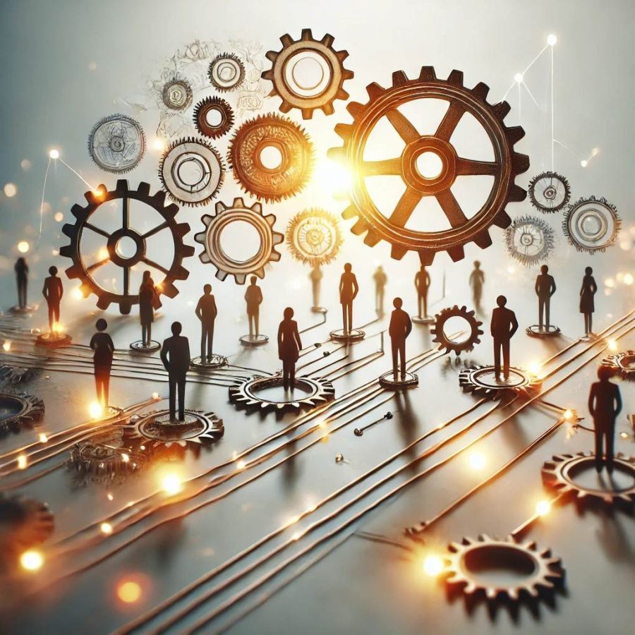Ein surreales Bild, das Silhouetten von Menschen zeigt, die auf Zahnrädern stehen, die durch Linien und Lichter miteinander verbunden sind und Teamwork und Verbundenheit in einer mechanisch-organischen Landschaft symbolisieren. Helles Licht scheint durch die Zahnräder und schafft eine dynamische Atmosphäre.